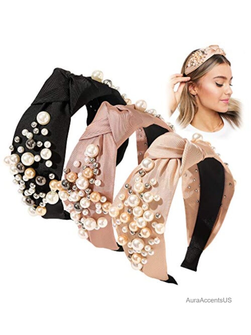 3 Pack Knotted Pearl Headbands Fashion Hair Accessories No Slip Top Knot
